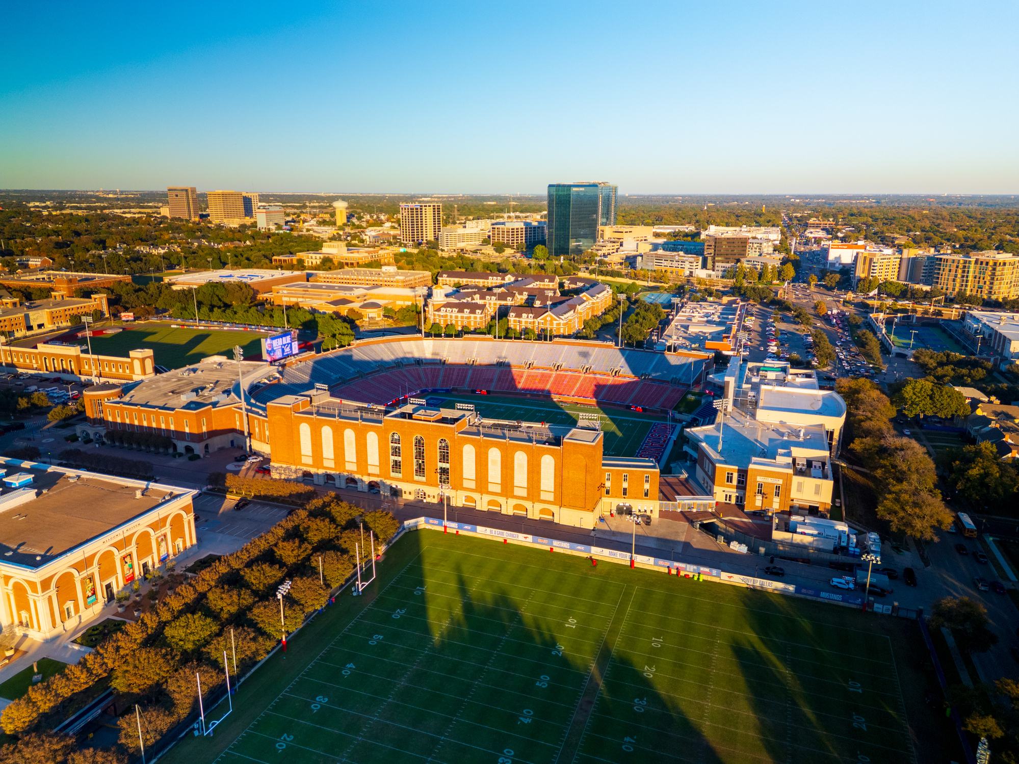 Aerial view of SMU's Gerald J. Ford Stadium and campus